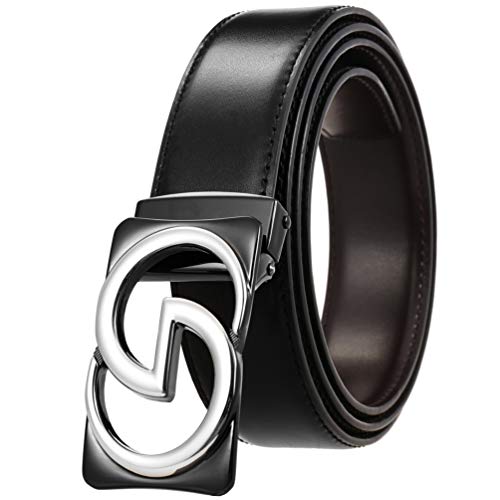 Mens Dress Belt Leather Smooth Buckle Belt with Removable Buckle Fashion Belt (Smooth Buckle-Black Silver, 120cm/47.3inch(Fit 26-44)(Can be cut))