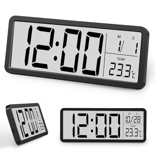 Reloj de Pared Digital, Reloj Digital con Números Grandes y 12/24 Horas, Reloj Escritorio LCD con Temperatura y Temperatura, Reloj de Mesa Doble para Dormitorio, Comedor, Oficina, Escuela(Negro)