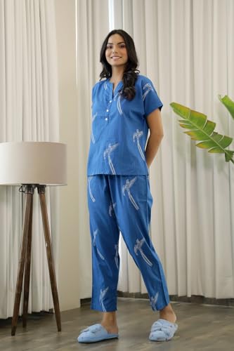 Image of SAY Printed Night Suit for Women Cotton Night Suit Set, Shirt and Pyjama, Lounge Wear Night Dress for Women - Blue