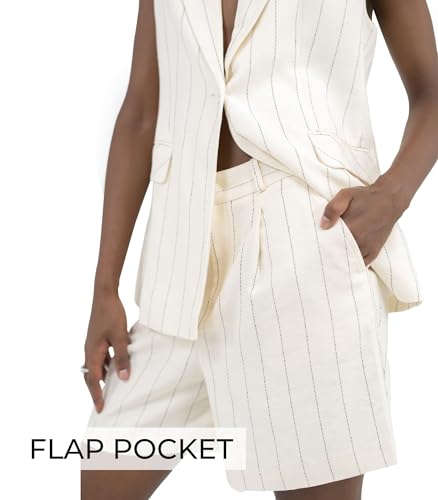 Womens Vest Linen Beige Peak Lapel Button Front Flap Pocket Single Breast Stripe for Women4