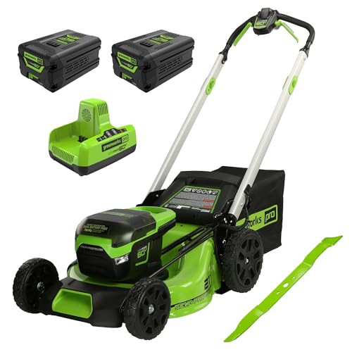 Image of Greenworks 60V 21in Brushless Self-Propelled Cordless Lawn Mower, 2 x 4.0Ah Batteries (3 /4 Acre, Rapid Charger, 4-in-1, LED Lights, IPX4), Extra Mower Blade