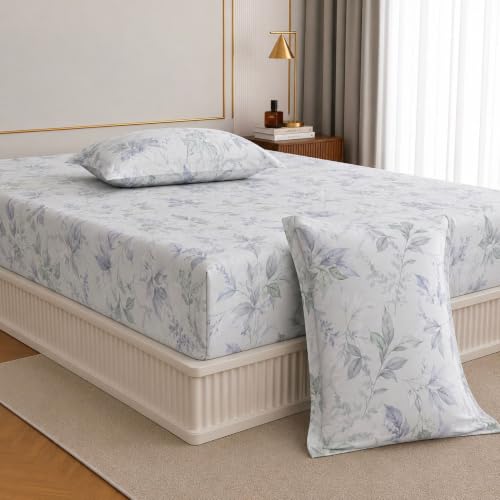 Image of Jaipur Weaves Queen Size Fitted Bedsheet Cotton with Elastic, 100% Pure Cotton Double Bed Fitted Sheet with 2 Pillow Covers, 240 TC, 60x78 Inches up to 8-inch Mattress, Floral Design - (Green Floral)