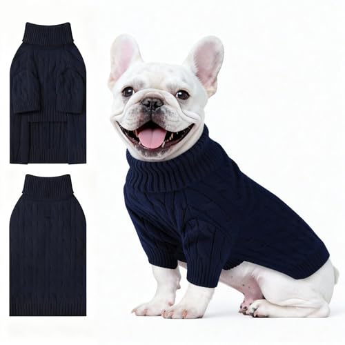 Image of Small Dog Thermal Pullover Sweater, Classic Turtleneck Cable Knitwear Dog Clothes for Cold Weather Warm Pet Clothes for Chihuahua, Bulldog, Dachshund, Pug Navy Large