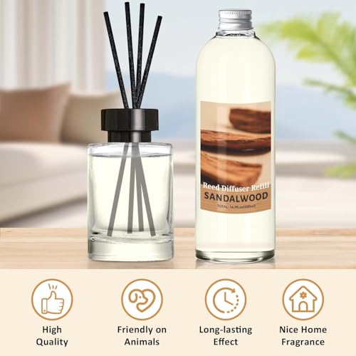 Image of STRN Sandalwood Reed Diffuser Refill 500ml with 6 Natural Reed Sticks, Premium Aromatherapy for Home, Long-Lasting Fragrance for Living Room, Bedroom, Office | Alcohol-Free