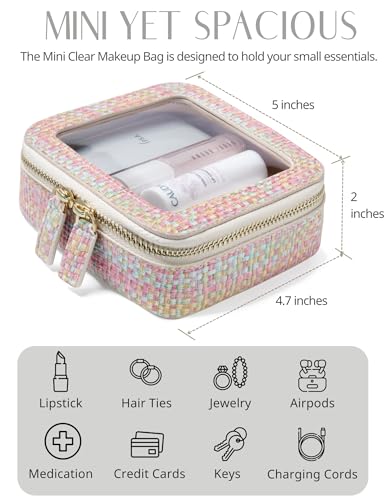 Popvibe Small Cosmetic Bag for Purse Mini Makeup Bag Small Clear Pouch Cute Leather Make Up Case Travel Organize for Women Tiny Toiletry Bag Waterproof with Zipper for Car Essentials Colorful Weaving4