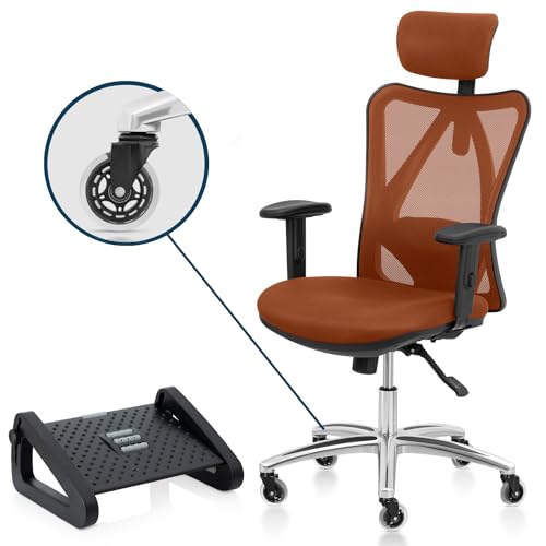Image of Duramont Ergonomic Office Chair - Adjustable Desk Chair with Lumbar Support and Rollerblade Wheels - High Back Chairs with Breathable Mesh - Thick Seat Cushion, Head, and Arm Rests - Brown