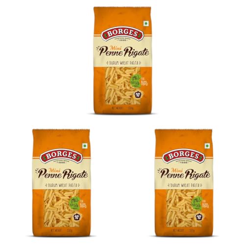 Image of Borges Mini Penne Rigate Durum Wheat Pasta, Ideal Bite Size for Kids, Cooked in 10 minutes, 100% Durum Wheat Semolina - 350grams (Pack of 3)