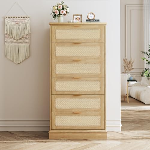 Image of HUAHUU 6 Drawer Dresser for Bedroom, 50 Inch Tall Dressers & Rattan Chest of Drawers, Boho Style, Wood Modern Dressers Organizer for Bedroom, Living Room, Hallway, Entryway, Oak