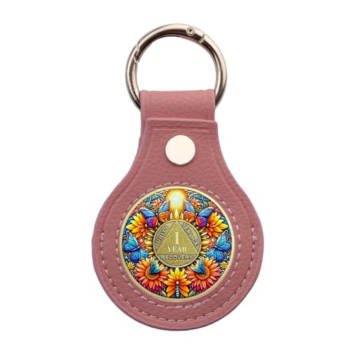 Premium Leather Coin Holder - Handmade Sobriety AA Coins Chip Keychain - Displays Both Sides of Sober Token Medallion Pet Challenge Coin - Pink Waterproof Scratchproof Soft PVC Key Ring