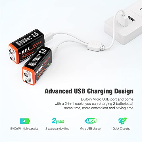 image for EBL Rechargeable 9V Lithium Batteries, 5400mWh USB 9 Volt Li-ion Batte