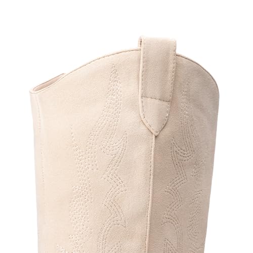 DREAM PAIRS Womens Cowboy Boots Wide Calf Comfortable Pull On Zipper Chunky Heel Pointed Toe Embroidered Western Cowgirl Knee High Boots Ladies Retro Tall Boot,Size 7.5,Beige,SDKB224W