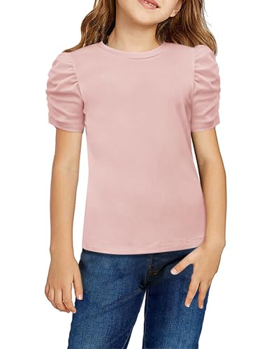 Image of Arshiner Girls Puff Short Sleeve Shirts Summer Ribbed Knit Crewneck T Shirt Tops Tee Blouse