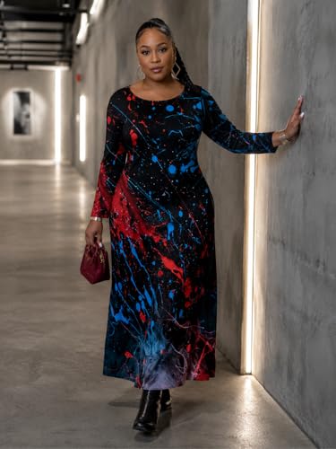 Image of PinkPatty Plus Size Maxi Dress for Curvy Women Crew Neck Long Sleeves Casual Dress Vacation Sundresses with Pockets
