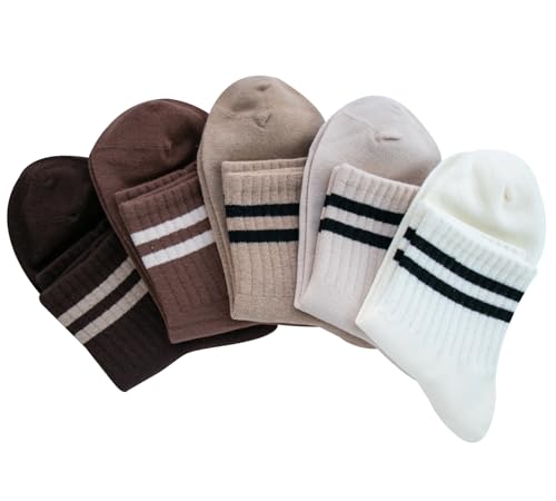 Deeorla Womens Striped Crew Socks Brown Vintage Retro Athletic Socks 5 Pairs3