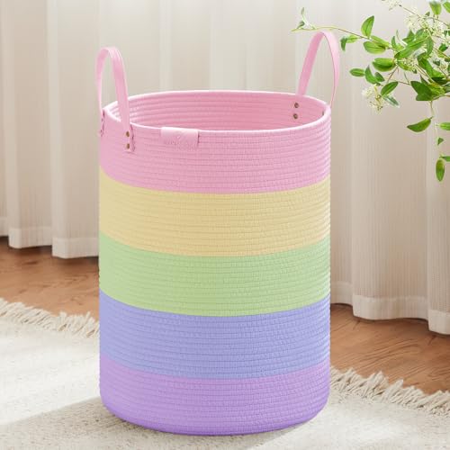 Image of VIPOSCO 72L Tall Woven Rope Laundry Hamper, Leather Handles, Rainbow | Large Wicker Laundry Basket for Dirty Clothes, Blanket, Toy, Towel, Yoga Mat, Storage Bin in Bedroom, Bathroom, Living Room