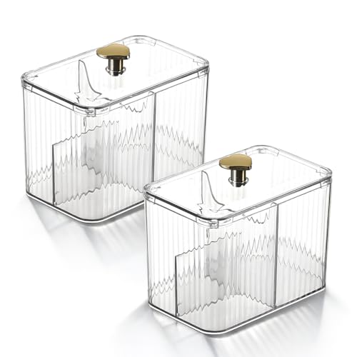 Image of KiZY Cotton Swab Holders, Acrylic Cotton Pad Holder, Qtip Holder with Lid, for Bathroom Canister Storage Organization, Vanity Cosmetic Makeup Organizer (Transparent Pack-2, B)