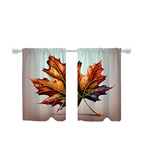 Shrahala Autumn Maple Leaves Blackout Curtain Tiers, Diamonds Fiery Red Leaves Gray Background Kitchen Valance Light Blocking Tier Drapes with Rod Pocket, 2 Pack 26 X 36 in