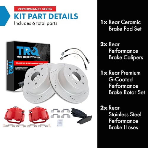 Image of TRQ Rear Brake Pad & Rotor Kit Slotted X Drilled Performance Red Premium G-Coated Ceramic Driver & Passenger Side Compatible with 07-14 Cadillac Chevrolet GMC
