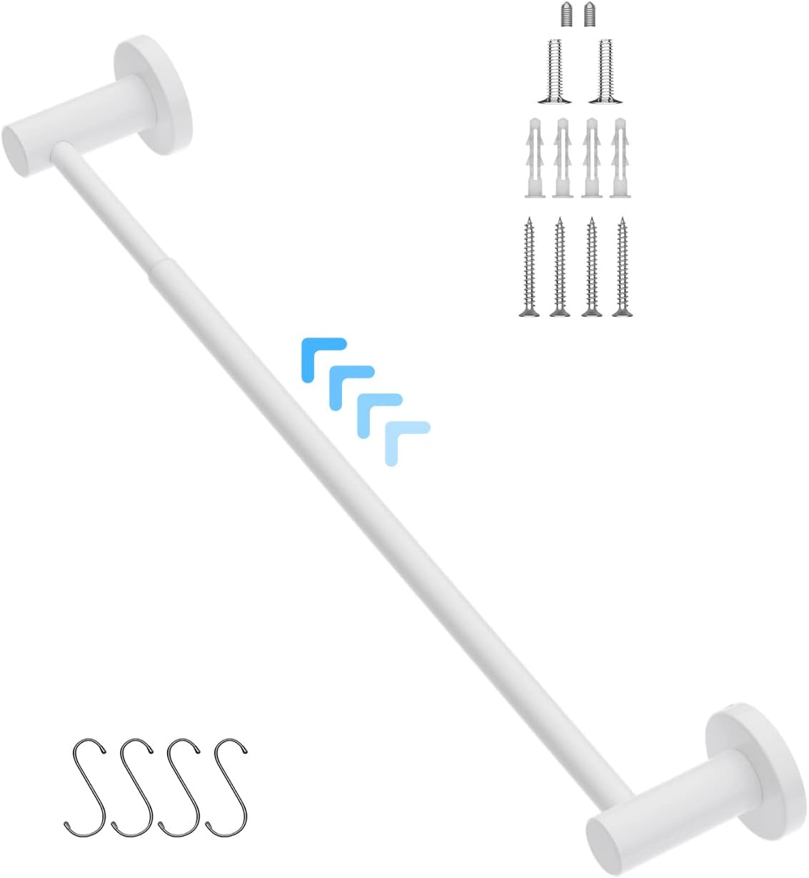 Adjustable Single Towel Bar 16 to 27.6 Inch, iMomwee Oil Rubbed White Finished Stainless Steel Bath Towel Holder, Wall Mounted Towel Rail for Bathroom Kitchen Washroom, 1" Diameter Towel Rod with Hook White 1