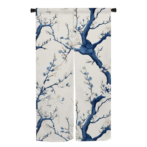 和風のれんブルー桜柄部屋仕切り四季兼用キッチンカフェリビング居酒屋玄関キッチンバスカーテン壁掛け暖簾洗濯可能幅80cm長さ150cmブルー