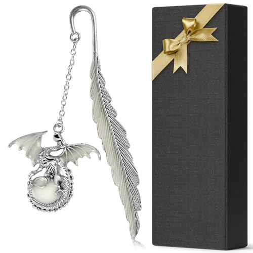 Vintage Feather Dragon Metal Bookmark Glow in The Dark Dragon Gift Fantasy Bookmark Gifts Cool for Women Men Reading Lovers (Antique Silver Dragon)