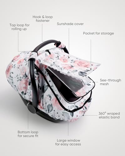 Image of Car Seat Cover Baby Girls, Infant Car Seat Canopy Outdoor, 2 Layers with Mesh and Sun Shade Window for Summer Winter, Easy Access Carseat Covers Snug Fit Baby Stroller - Pink Floral