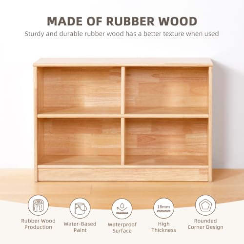 Image of OOOK Rubber Wood 4-Compartment Wooden Storage Cabinet, 35.4 inch L, 2-Tier Toy Organizers and Storage, Montessori Shelf for Kids Room, Playroom, Nursery, Classroom, Kindergarten