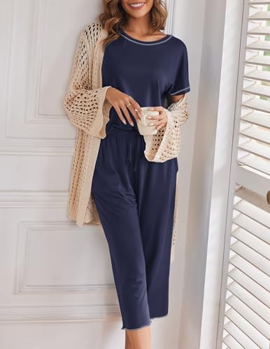 Image of Ekouaer Women's Capri Pajama Sets Print Short Sleeve Sleepwear Top and Capri Pants Soft Loungewear with Pocket