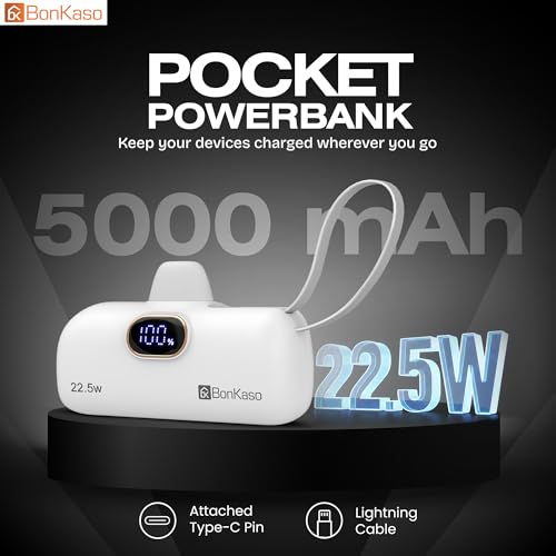 Image of BonKaso 5000mAh Mini Power Bank 22.5W PD Fast Charging, USB-C Type-C Input /Output, Built-in i5 Cable, Digital LED Display, Compact Pocket Portable Charger for iPhone & Android - White