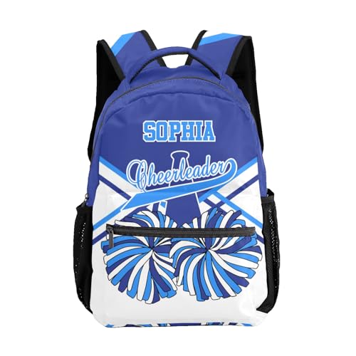 Cheer Cheerleader White Blue Personalized Backpack with Name Waterproof Bag for Birthday Holiday Gift for Travel Office Work