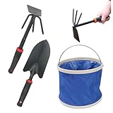 Vida AL Aire Libre Herramientas de jardín 3PCS/Set Rastrillo de almejas de Doble Cara con Pala y Cubo de Agua Plegable de 9L para almejas y Pesca de Surf..