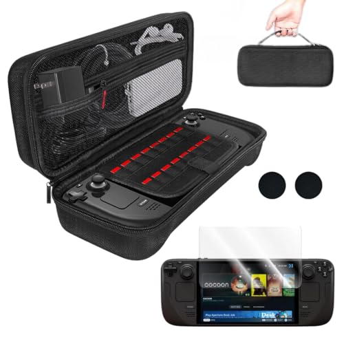【LIMSE】Steam Deck OLED 用 3in1 アクセサリーセット 収納ケース + 強化ガラスフィルム2枚 + 親指保護カバー 耐衝撃・防水・持ち運び便利【スチームデックOLED専用】