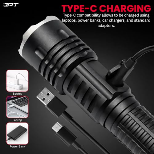 Image of JPT Heavy-Duty K16 Rechargable Portable Super LED Flashlight /Search Light | Full Aluminium Body | 3 Lightning Modes | Telescopic Zoom | 4800mAh Li-ion 4Hrs Backup | for Trekking, Camping, Emergency