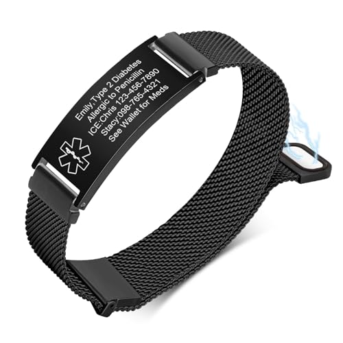 VNOX Medical Alert Id Bracelet for Men Women,Black Custom Engraving Adjustable Stainless Steel Customizable Mesh Emergency Survival Medic Bracelets Wristband Loop Band, Black