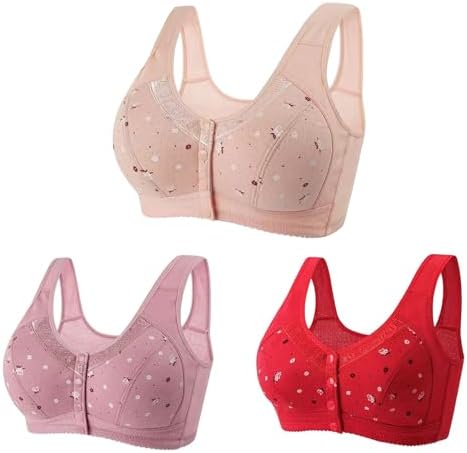 Keepink 3PCS Front Fastening Bras Women Plus Size Full Coverage Push Up Bra Wireless Support Underwear Soft Ladie Bras Non Wired No Padded Everyday Bra Comfy Mastectomy Bralettes