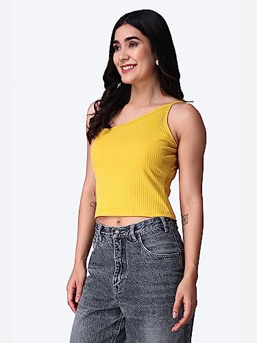 Image of POPWINGS Casual One Shoulder Ribbed Crop Top for Women || Sleeveless Crop Top for Women || Stylish Women Crop Top for Summer || Ribbed Crop Top for Women