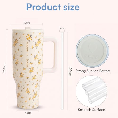 Image of House of Quirk 1200ML Tumbler with Handle & Simple Flip Straw - Car Cup Holder Friendly, Leak Resistant Water Bottle-Reusable Insulated Stainless Steel & Rubber Base (Cream Daisy)