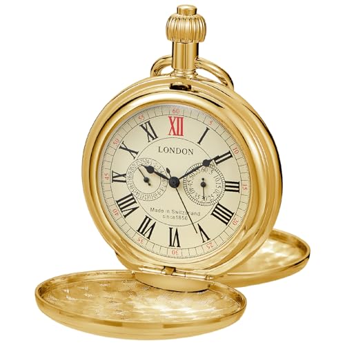 Tiong Montre de Poche Mécanique Vintage Design Londres Acier Inoxydable Argent Or Train Montres de Poche pour Homme avec Chaîne, Rétro