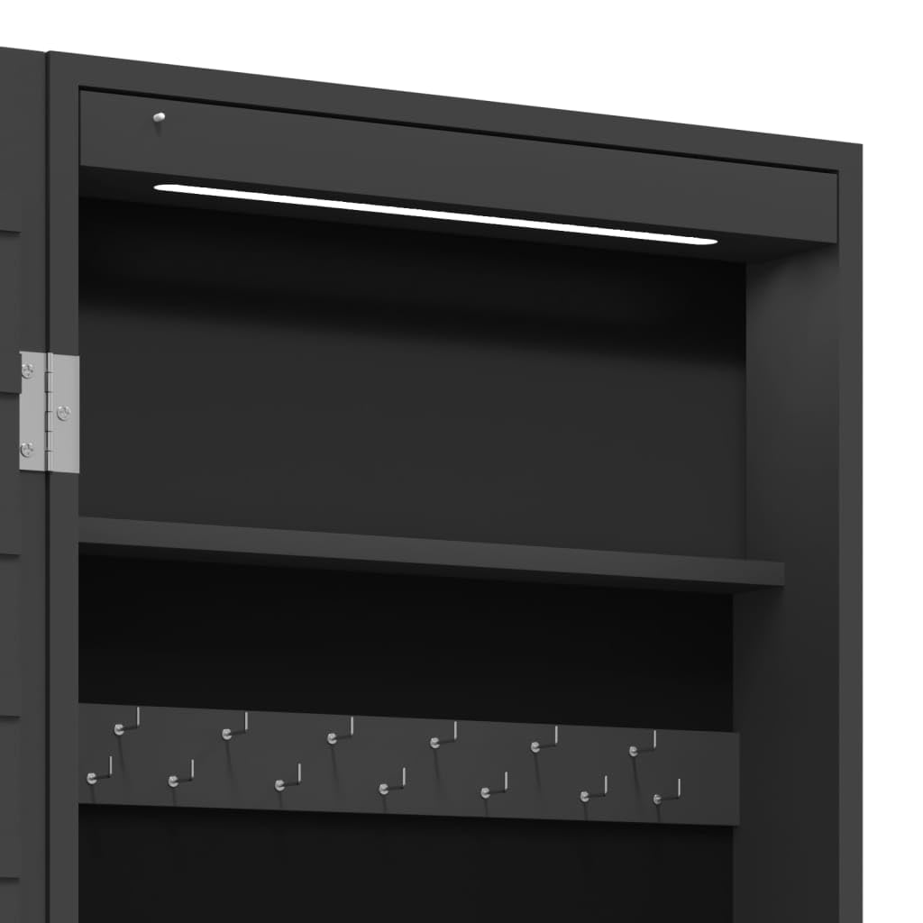 Lustro szafka na biżuterię z oświetleniem LED, montaż na ścianie lub hakiem na drzwi, zamykana, materiał drewnopochodny, czarny, 37,5 x 10 x 106 cm, z 2 szufladami do łazienki, sypialni