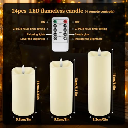 Image of Enpornk 24-Pack Flameless Candles Battery Operated Candles Pillar LED Candles with 10-Key Remote and Cycling 24 Hours Timer for Home Decor(Ivory 4 inch 5 inch 6 inch)