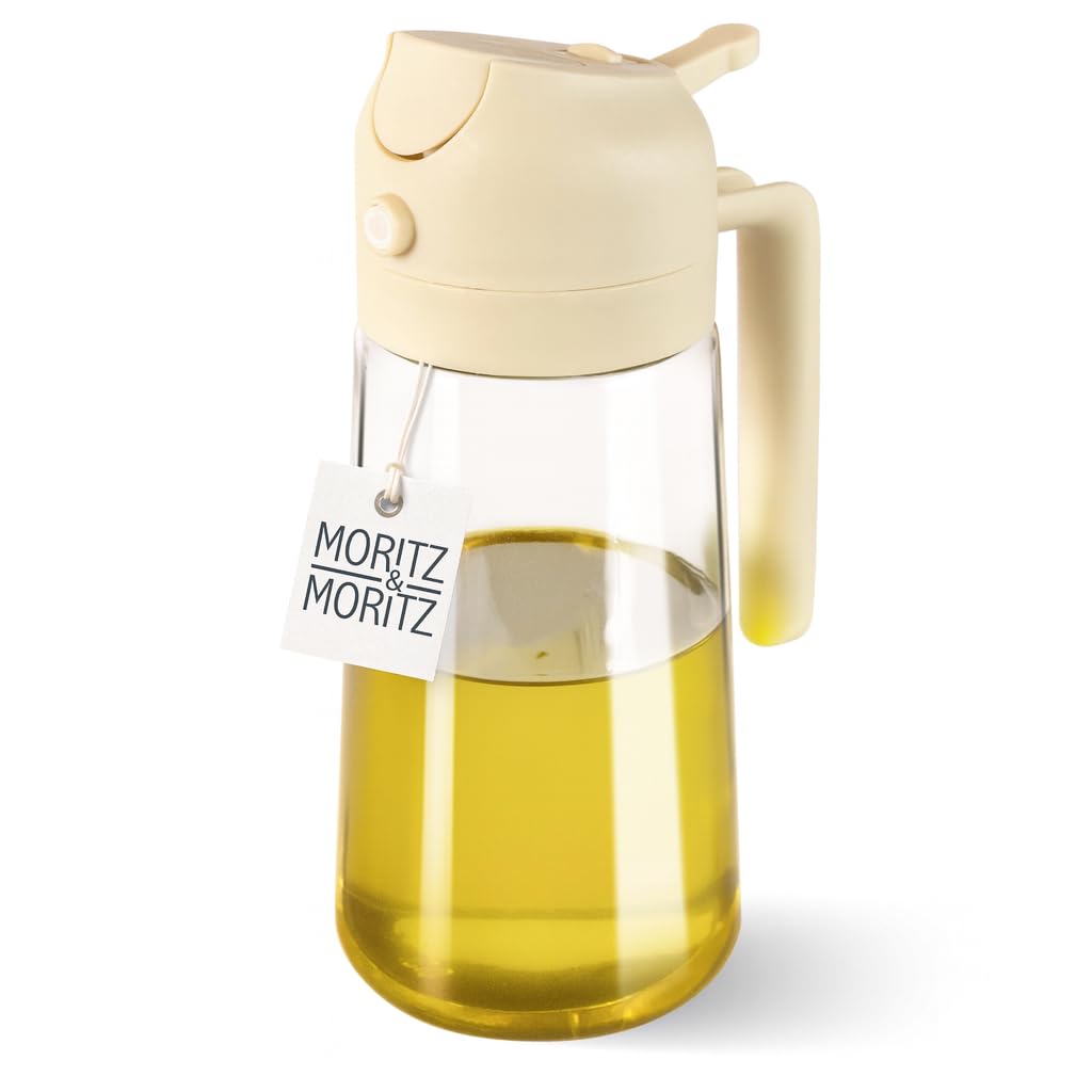 Moritz & Moritz Pulverizador de aceite de 470 ml, crema – 2 en 1 pulverizador y boquilla, pulverizador fino para aceite y vinagre, botella pulverizadora rellenable para sartén, airfryer, barbacoa y