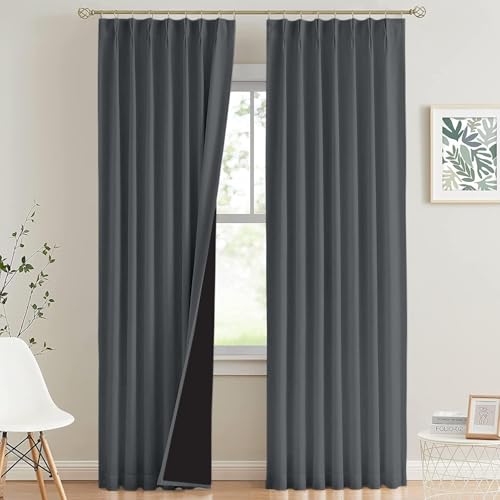 Image of 100% Blackout Double Pinch Pleat Curtains, Linen, Thermal Insulated, 2 Panels, Solid, (Dark Grey)