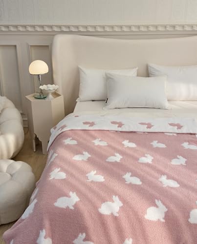 Image of Ultra Soft Cozy Happy Easter Rabbits Knitted Throw Blanket Fluffy Microfiber Checkerboard Bed Blanket Lightweight Both Sides Blanket for Couch Sofa Bed (Rabbit Pink, Throw 50 inchx60 inch)