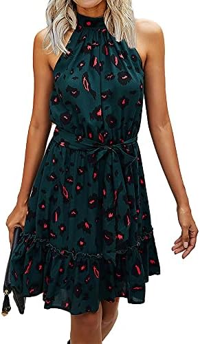 BTFBM Women 2023 Summer Halter Neck Dresses Sleeveless Casual Floral Polka Dot Leopard Print Short Boho Ruffle Sundress(Leopard Dark Green,Medium)