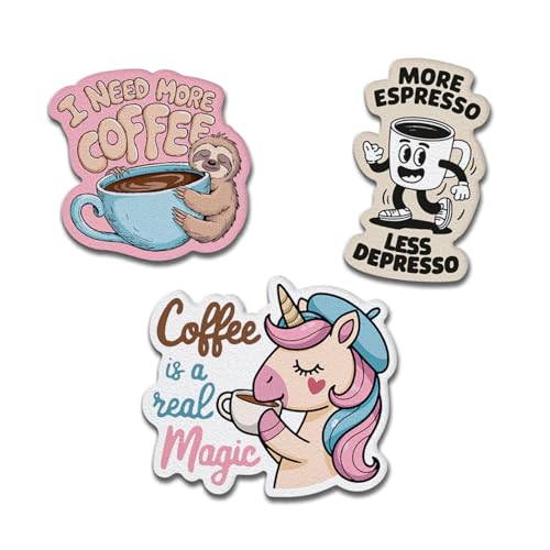 Coffee-Themed Stickers and Patches for Backpack and T-Shirt, 3-Piece Set with Sloth, Espresso Cup, and Unicorn Patches