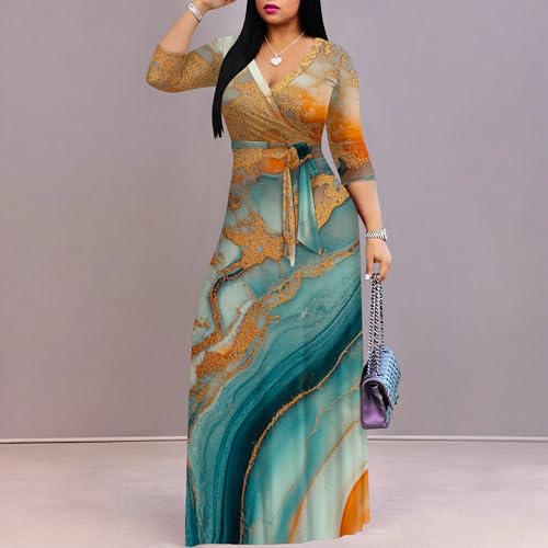 Image of PinkPatty Women's Print Maxi Dresses 3 /4 Sleeve Flowy Long Dress V Neck Wrap Tie Waist Sundress