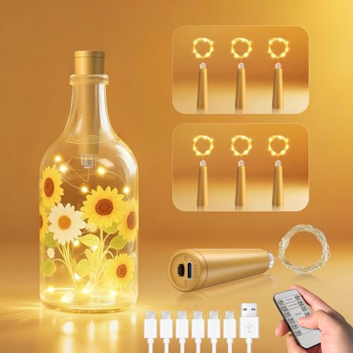 Ymenow Luci per bottiglie ricaricabili USB con sughero, 6 pezzi, 2 m, 20 LED, mini filo di rame, luci fatate con timer e telecomando, per bottiglie di vino, fai da te, casa, tavolo, regalo, Halloween