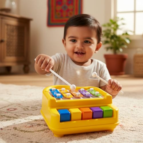Image of Xylo Piano for Toddlers 1-4 Years | 2-in-1 Xylophone & Piano Musical Toy | 5 Colour Keys + 2 Mallets | BIS Certified, Non-Toxic, Made in India | First Musical Instrument (5 Keys