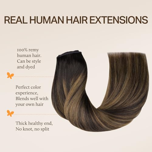 Image of DOORES Wire Hair Extensions 14 Inch 75g Remy Human Wire Hair Extensions Invisible Transparent Line Adjustable Hairpieces Secret Extensions Straight Hair Balayage Dark Brown to Chestnut Brown