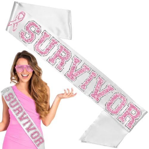 Breast Cancer Survivor Sash - Pink & Silver Sparkle Sporty SURVIVOR White PREMIUM GRADE SATIN Sash - Breast Cancer 5k Walk Accessories - White Sash(Sprty Survivor) P/S/WHT